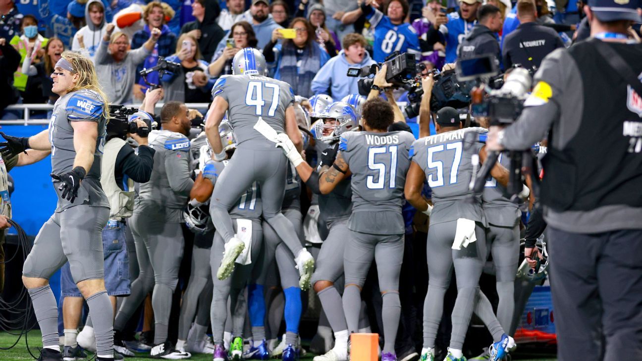 Detroit Lions players meet with the media on July 26