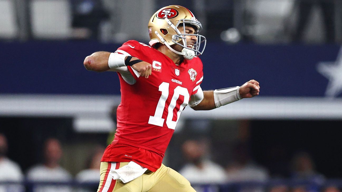 San Francisco 49ers QB Jimmy Garoppolo has 'slightly' sprained throwing shoulder, should be OK for Saturday vs. Green Bay Packers
