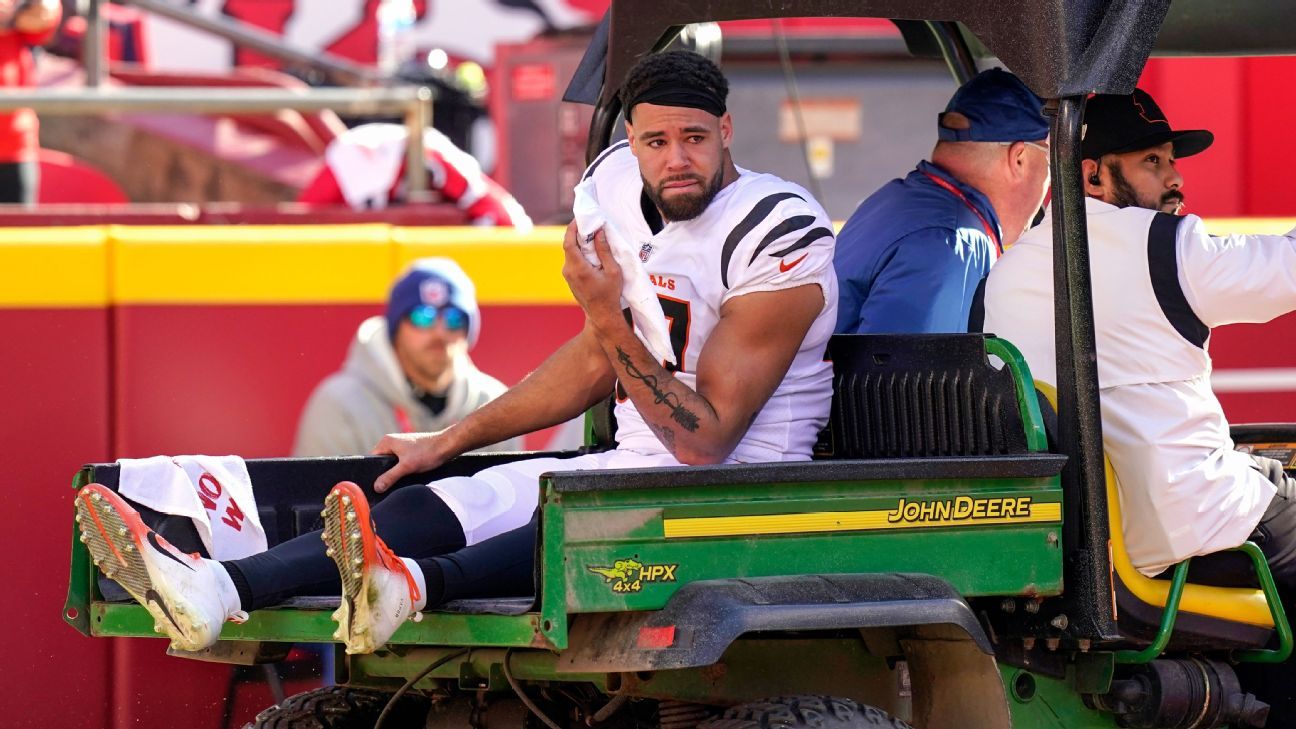 Bengals TE C.J. Uzomah carted off with injury in AFC championship