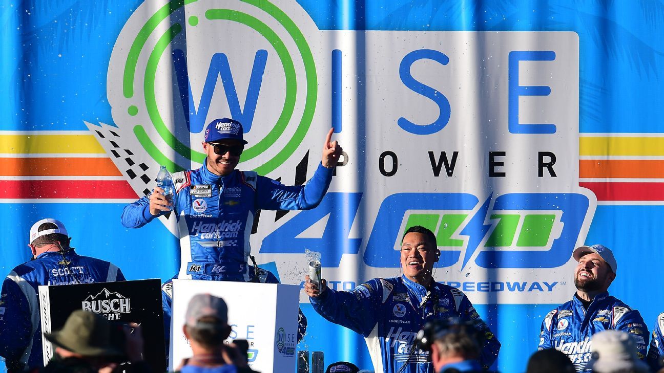 Kyle Larson holds off Austin Dillon, Daniel Suarez to win NASCAR race at Fontana