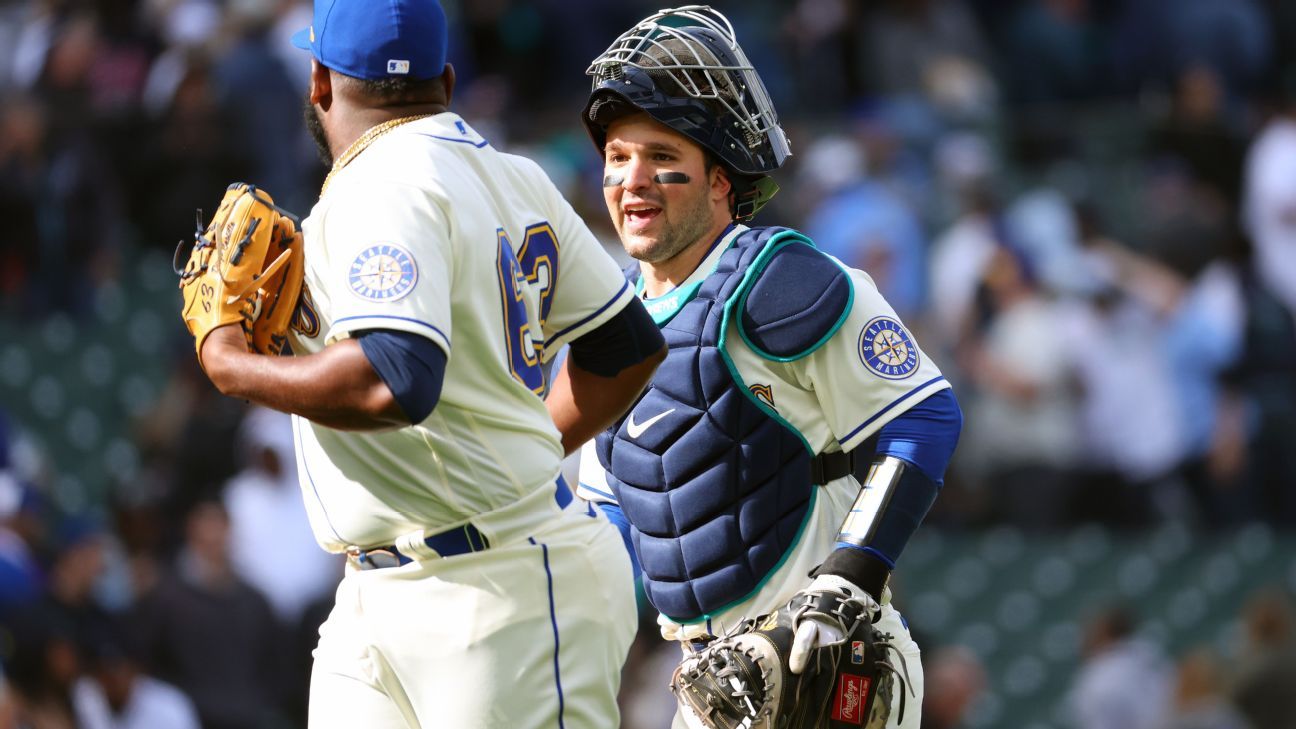 Seattle Mariners catcher Luis Torrens joins teammate Mitch Haniger on