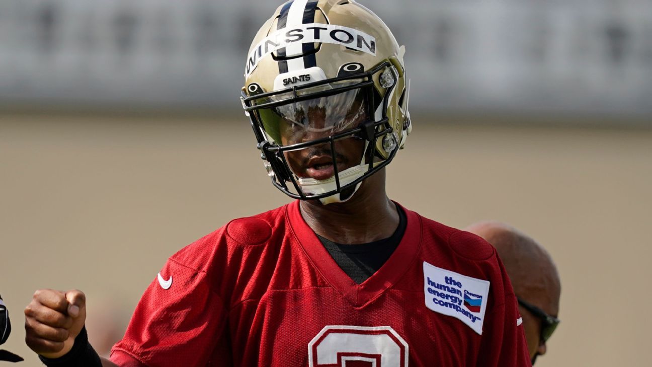 New Orleans Saints quarterback Jameis Winston (2) sits on the sideline  during the second half of an NFL football game against the Arizona  Cardinals, Thursday, Oct. 20, 2022, in Glendale, Ariz. (AP