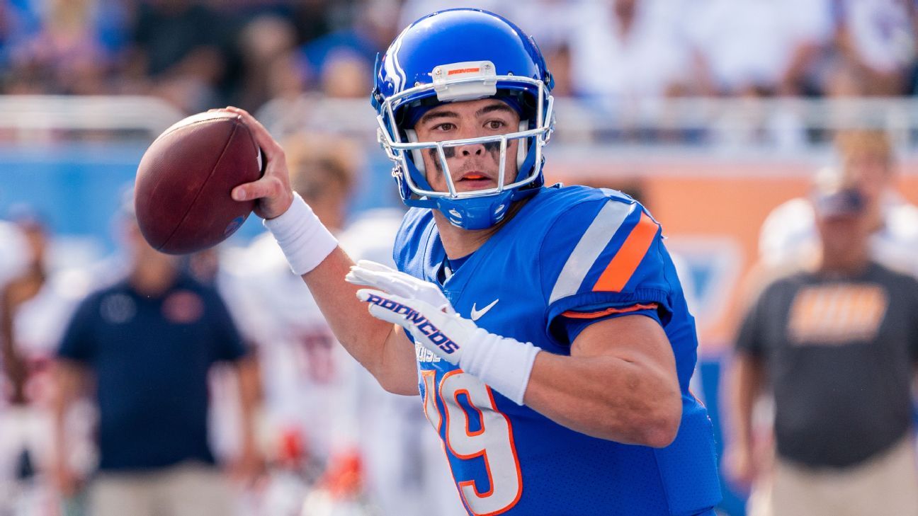 Boise State quarterback Hank Bachmeier (19) throws the ball against  Colorado State during the first half in an NCAA college football game  Thursday, Nov. 12, 2020, in Boise, Idaho. Boise State won