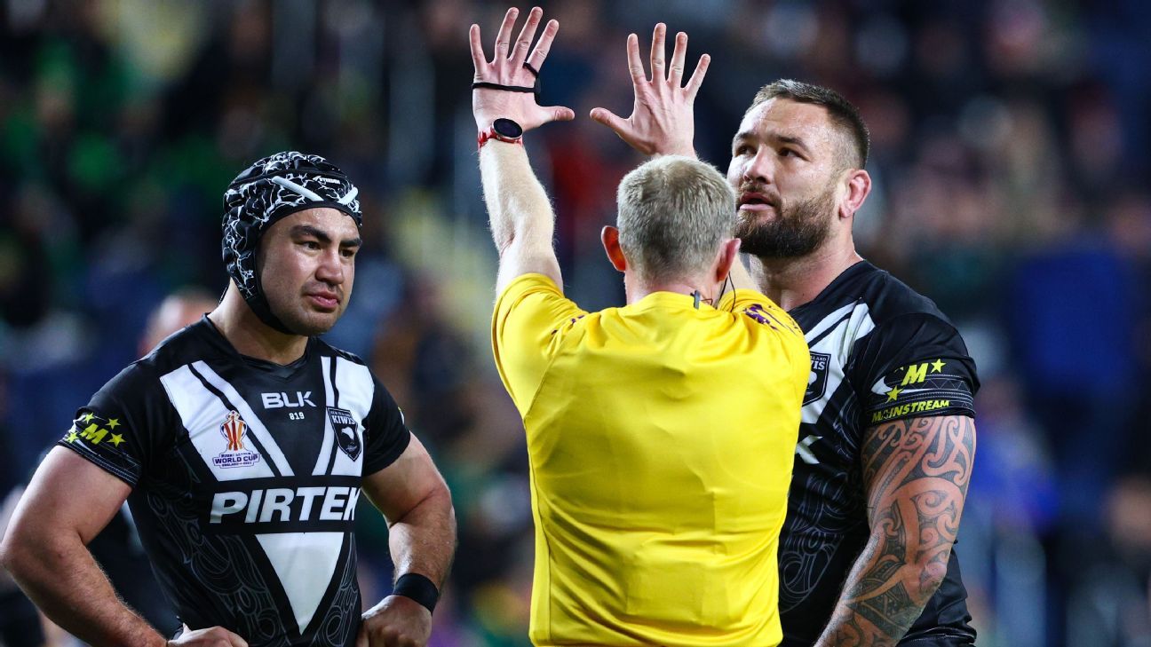 Rugby League World Cup New Zealand's Jared WaereaHargreaves hit with