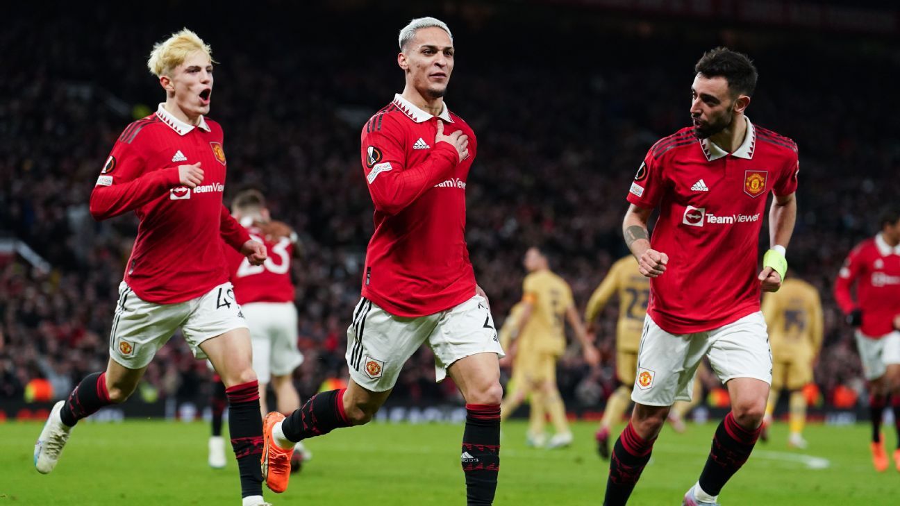 Man Utd's Antony and his teammates celebrating a goal against Barcelona in the Europa League Round of 16