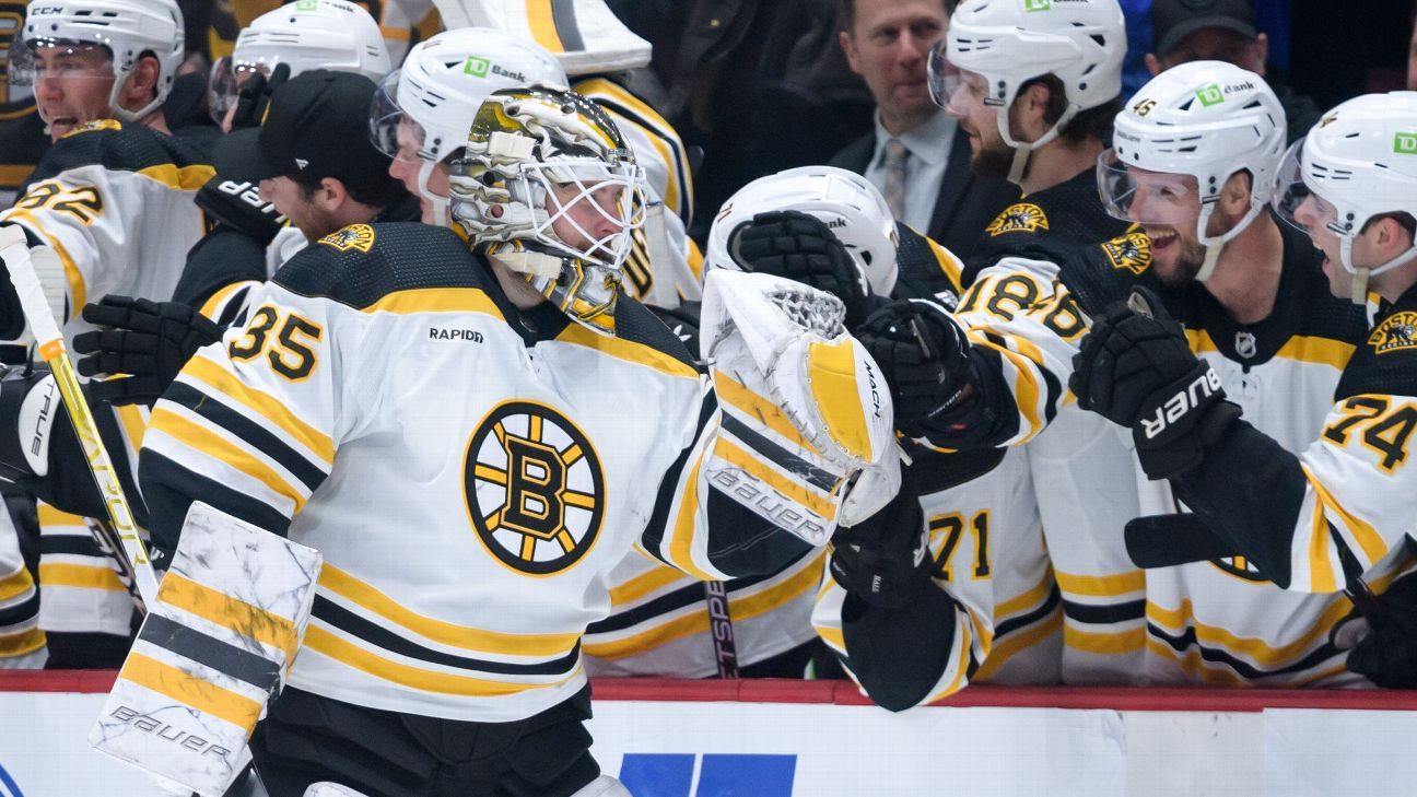 Bruins goaltender Linus Ullmark scores into empty net