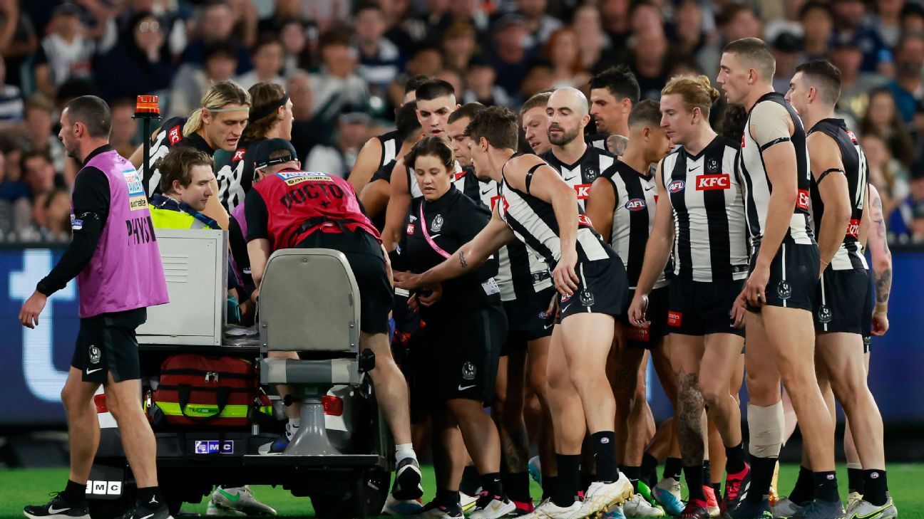 AFL Collingwood Magpie Jeremy Howe stretchered off as injuries mount at