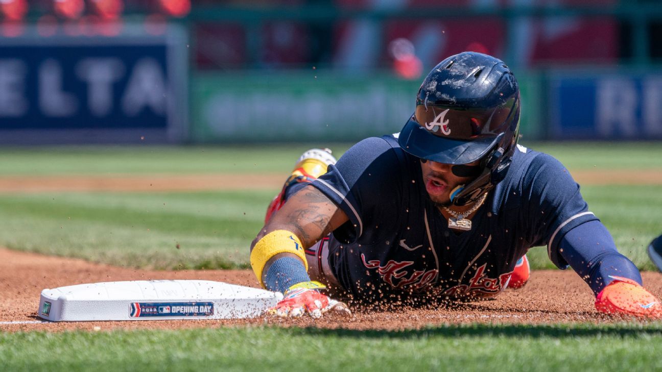 April 06, 2023: Atlanta Braves infielder Orlando Arcia walks back