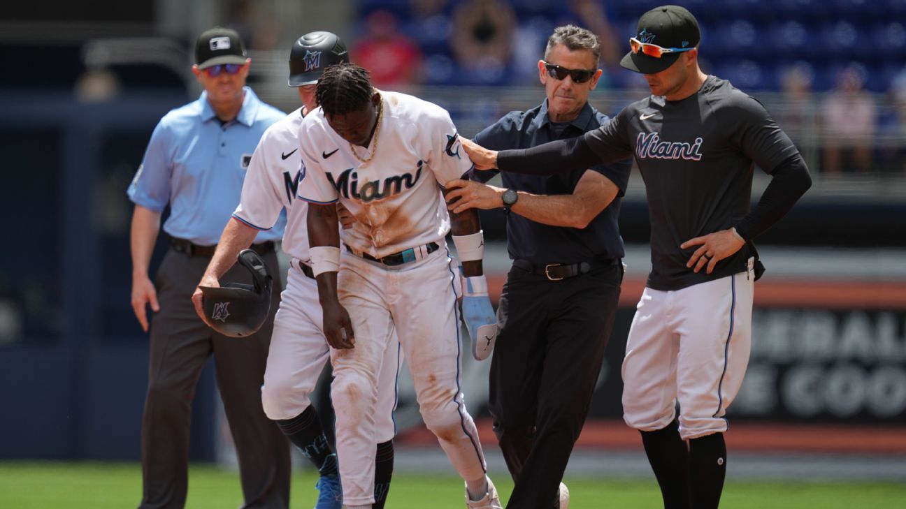 Marlins CF Jazz Chisholm exits with injury after steal attempt