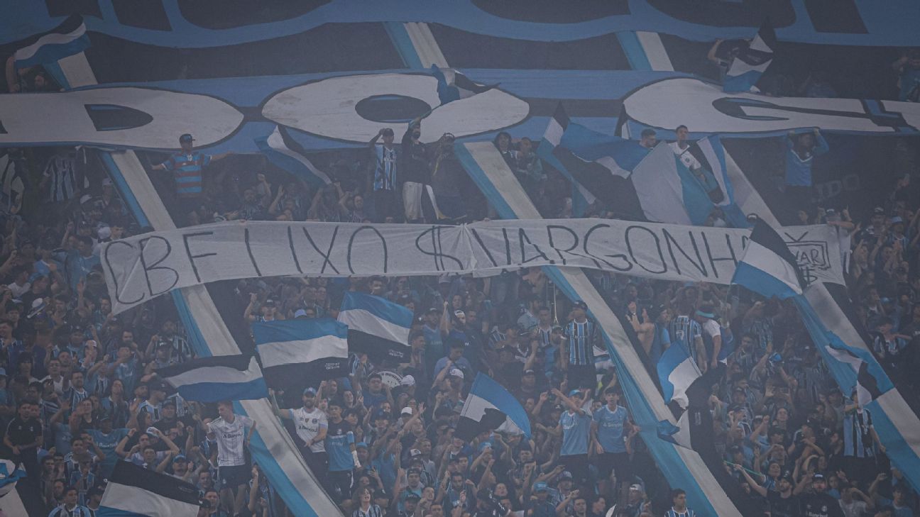 Torcida do Grêmio protesta contra a CBF em jogo diante do Palmeiras: VARgonha