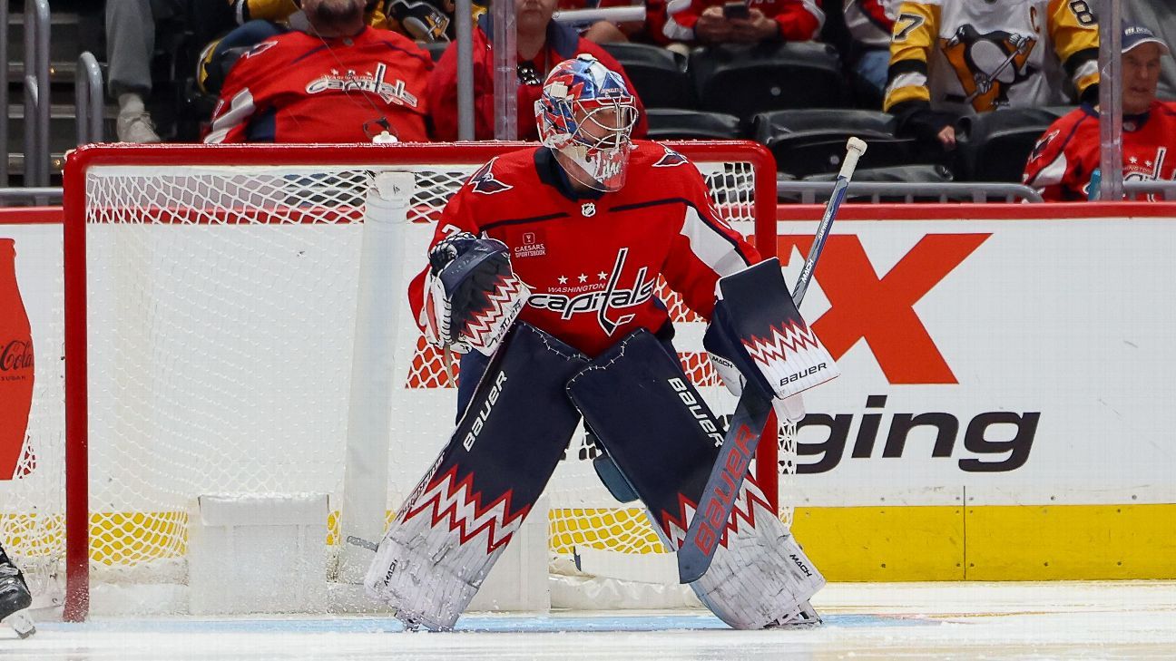 Washington Capitals goaltender Charlie Lindgren pauses during the