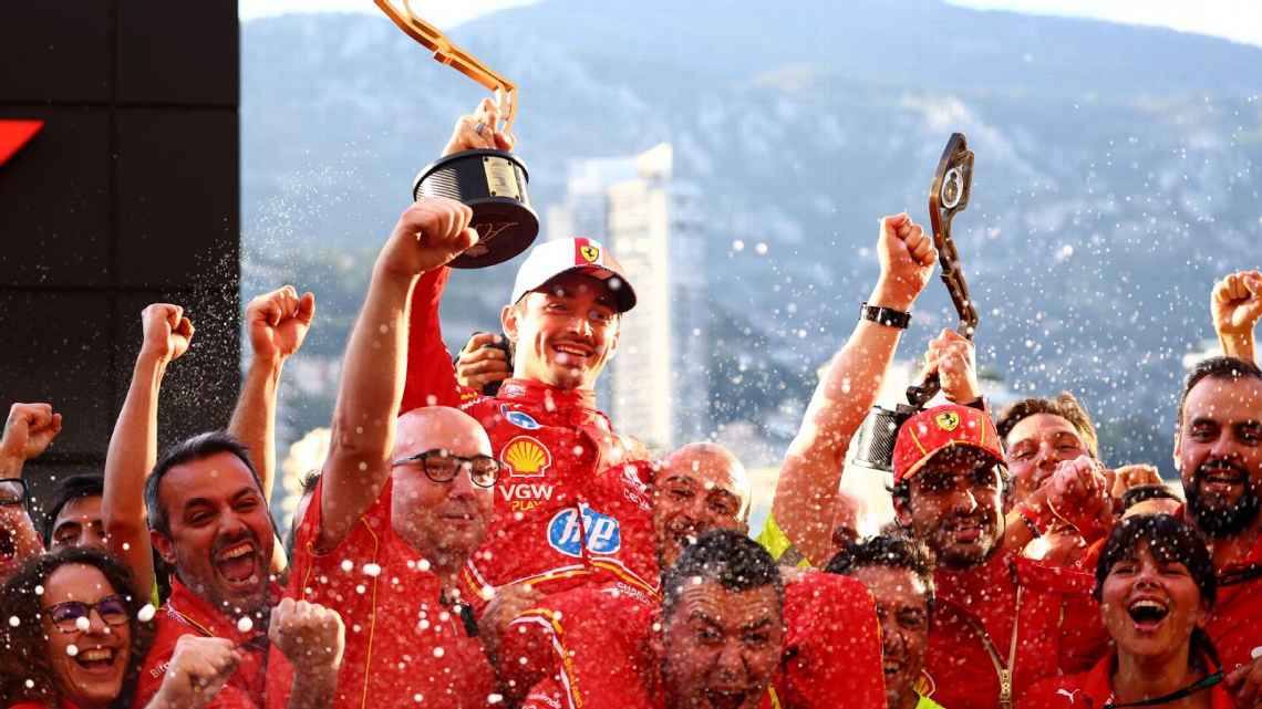 Charles Leclerc celebrating victory at Monaco in 2024