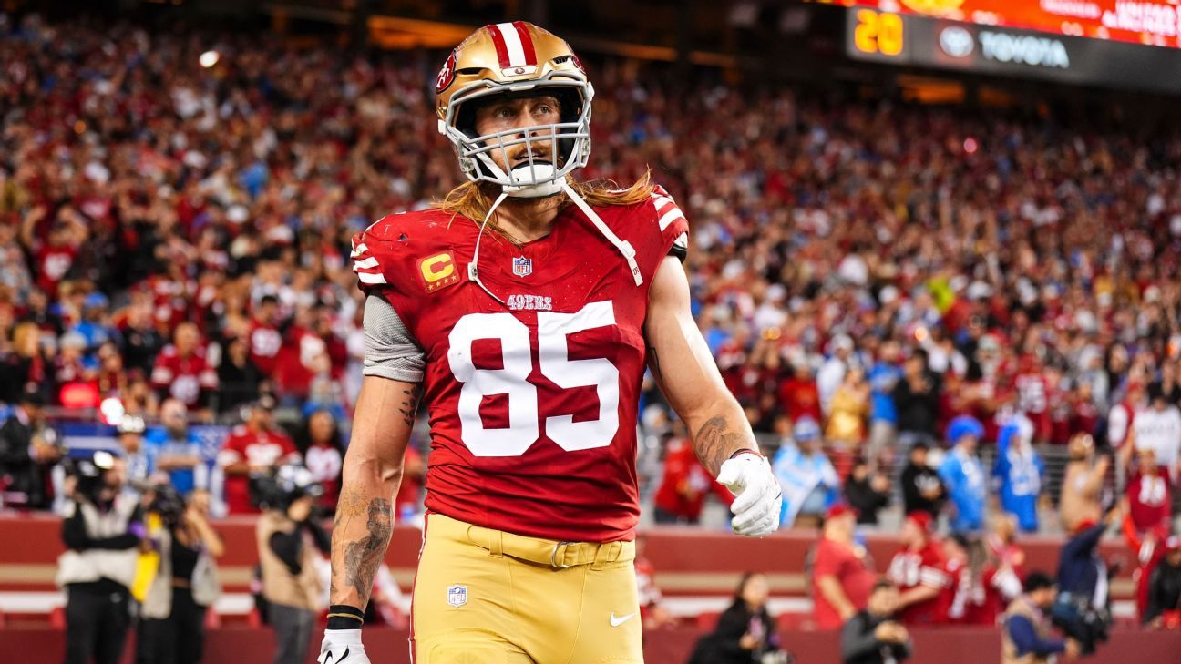 George Kittle of the 49ers makes an acrobatic 12-yard touchdown catch