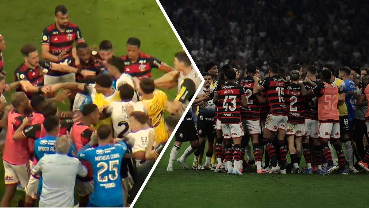 Confusão generalizada em Corinthians x Flamengo após entrada violenta de jogador.