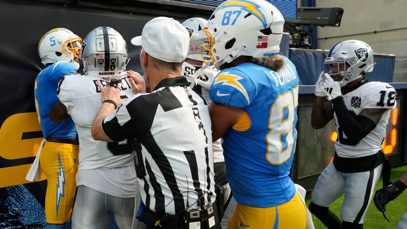 Chargers player Josh Palmer and Raiders player Jack Jones sent off after brawl