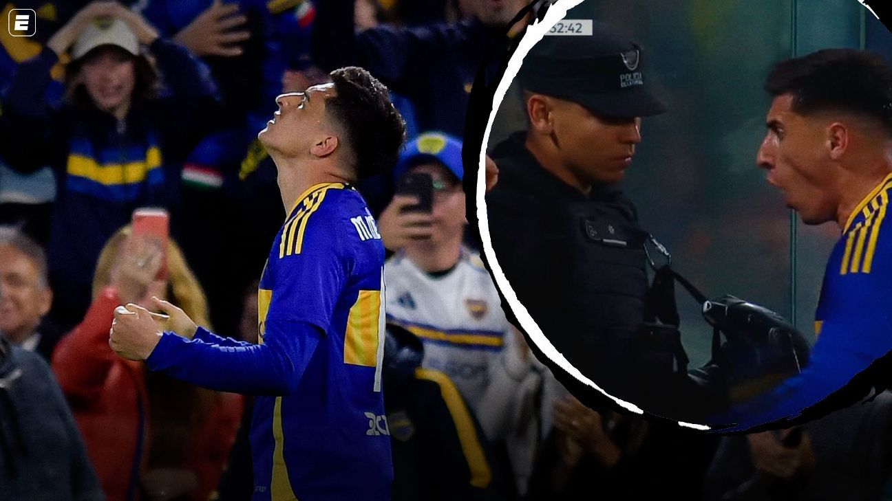 Merentiel marca gol e abraça policial em comemoração pelo Boca Juniors.