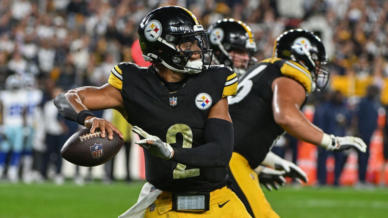 Justin Fields de los Steelers golpea a Connor Heyward para el primer touchdown del domingo contra los Cowboys