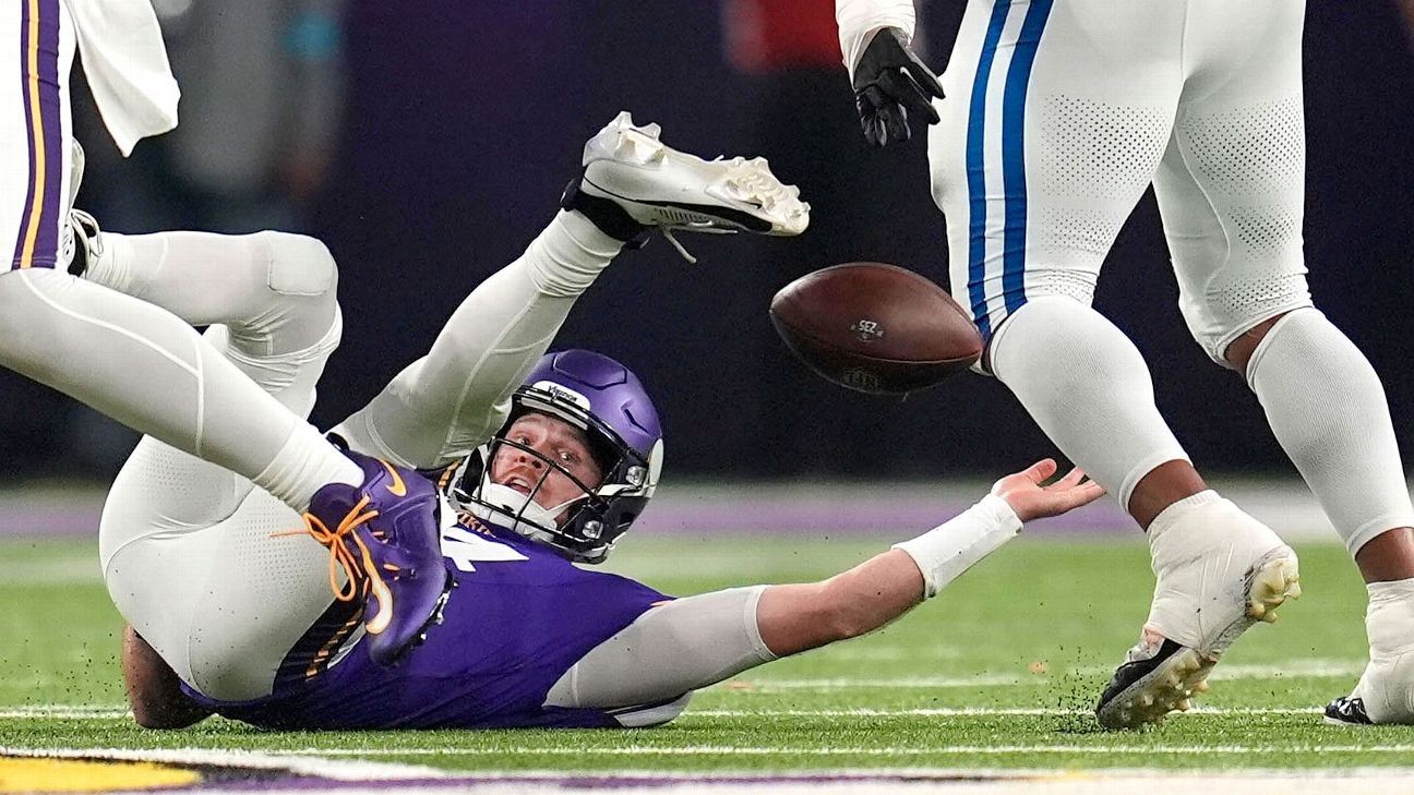 A fumble by Sam Darnold of the Vikings leads to a TD by Kenny Moore II for the Colts