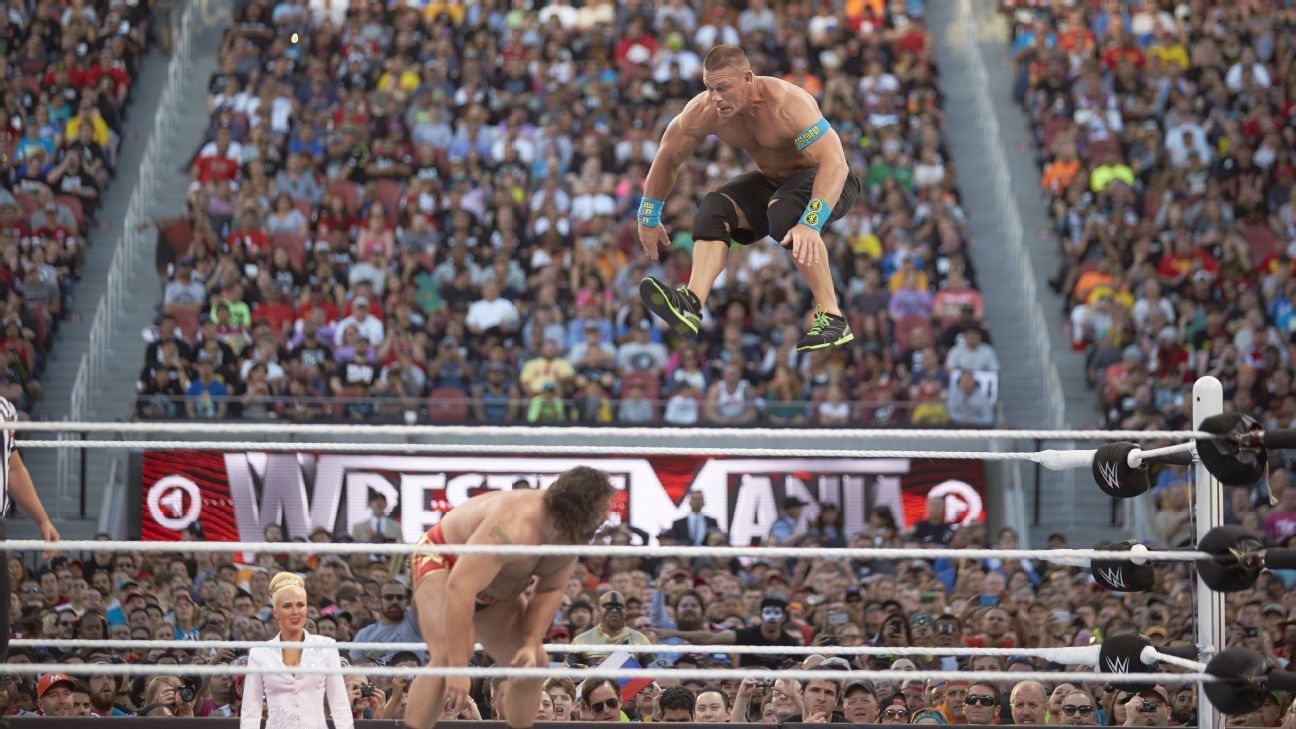 John Cena defendió el Campeonato de los Estados Unidos contra Rusev en WrestleMania 31. Foto de Jed Jacobsohn /Sports Illustrated a través de Getty Images