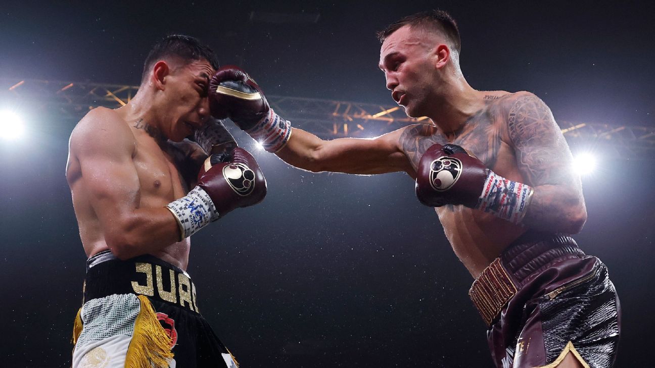 Sam Goodman of Australia lands a punch during his unanimous points win over Mexican Cesar Vaca.