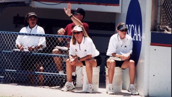 Patty Gasso: Oklahoma Softball GOAT Story Patty Gasso celebrating with the Oklahoma Sooners after winning the 2000 Women's College World Series.
