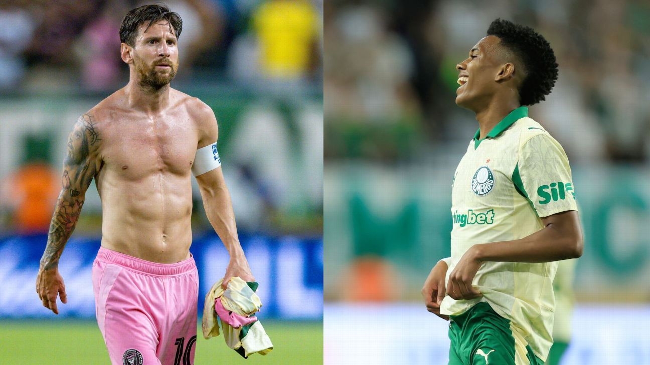 Estêvão troca camisas com Suárez e Messi em Palmeiras x Inter Miami e brinca com primeiro contato com ídolo: 'Ele piscou e eu tremi'
