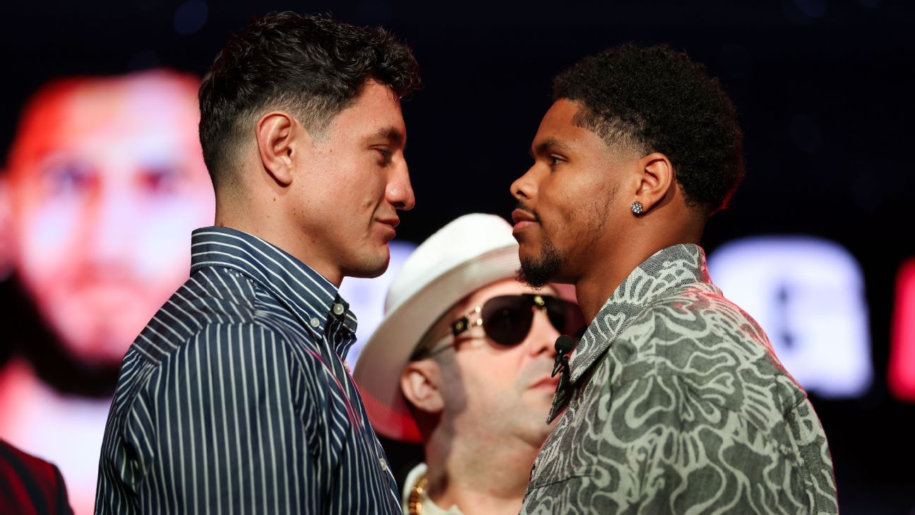 William Zepeda (L) and Shakur Stevenson face off during a news conference ahead of their co-main event fight on Saturday.