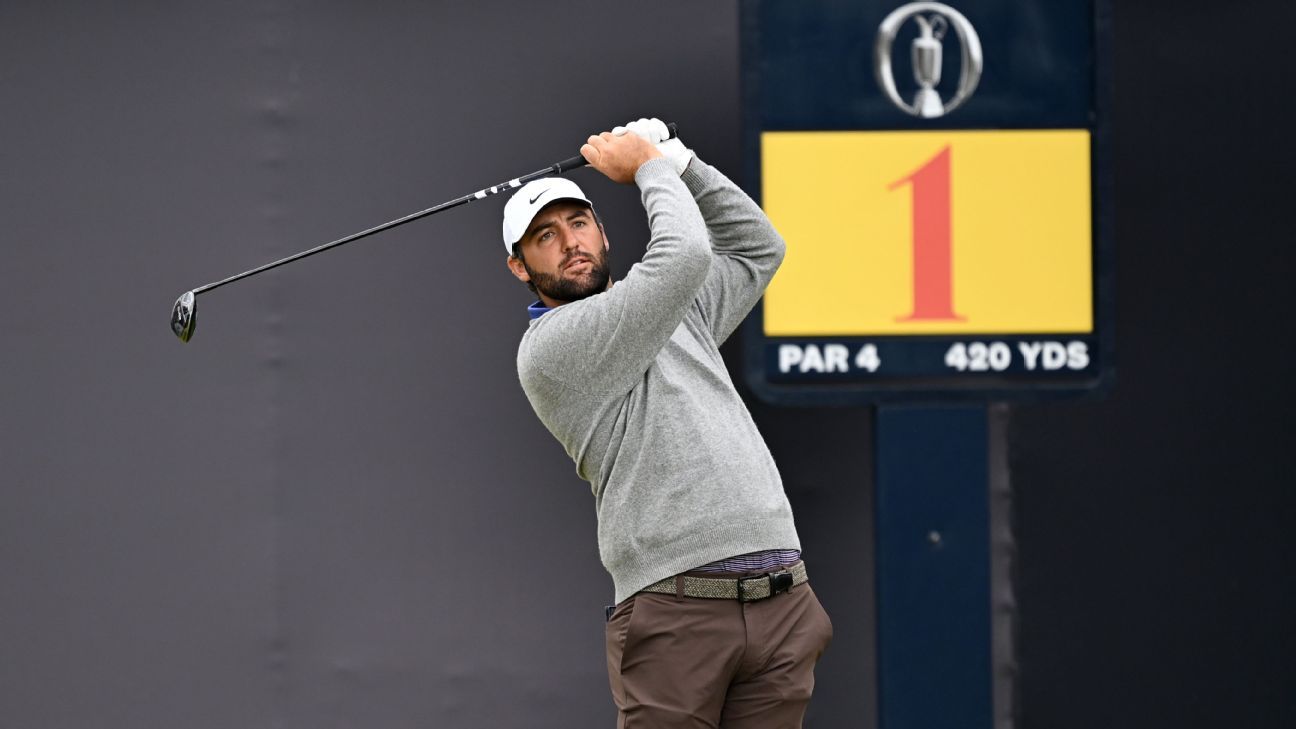 Scottie Scheffler tees off on No. 1 during the first round of the Open Championship.