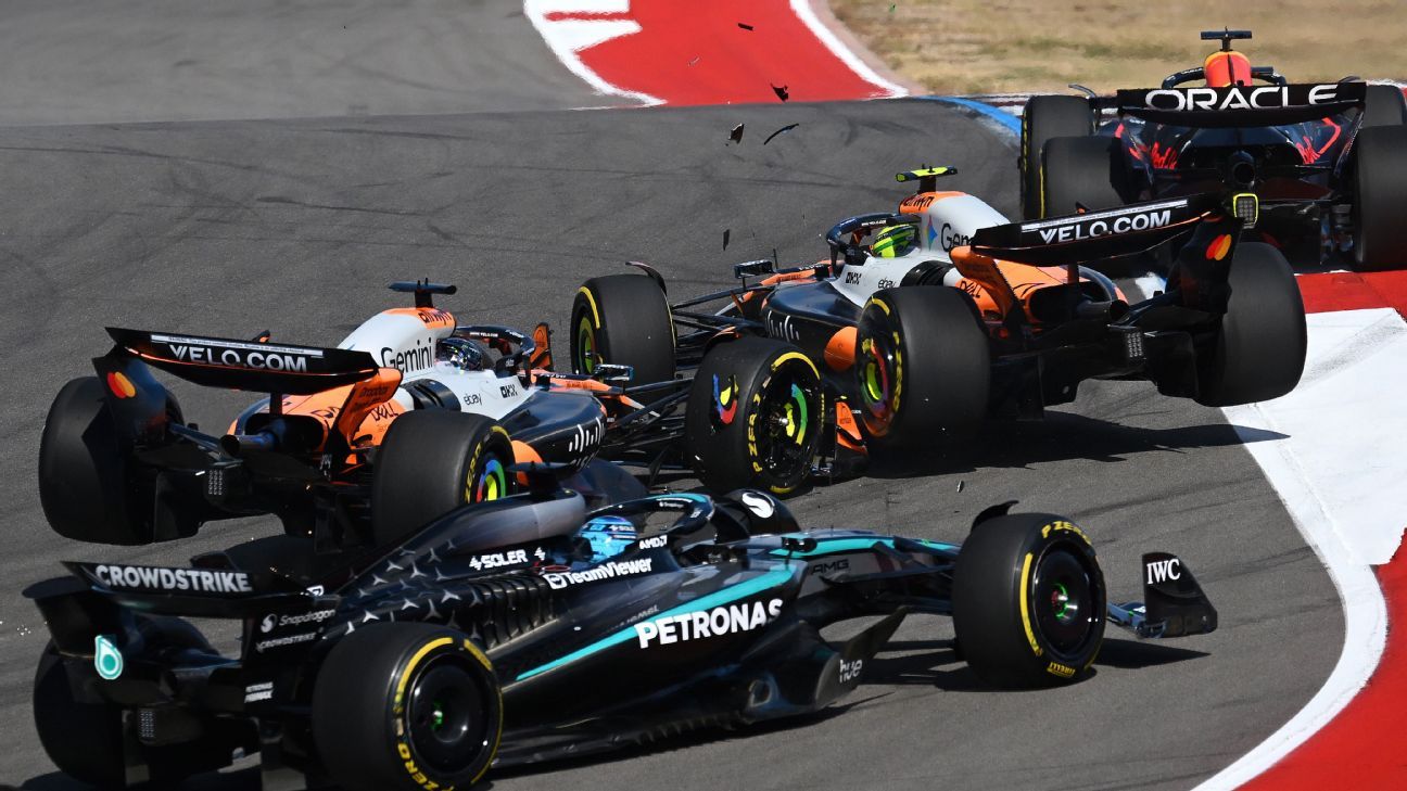 Oscar Piastri hit teammate Lando Norris at Turn 1 on the opening lap of the sprint race.