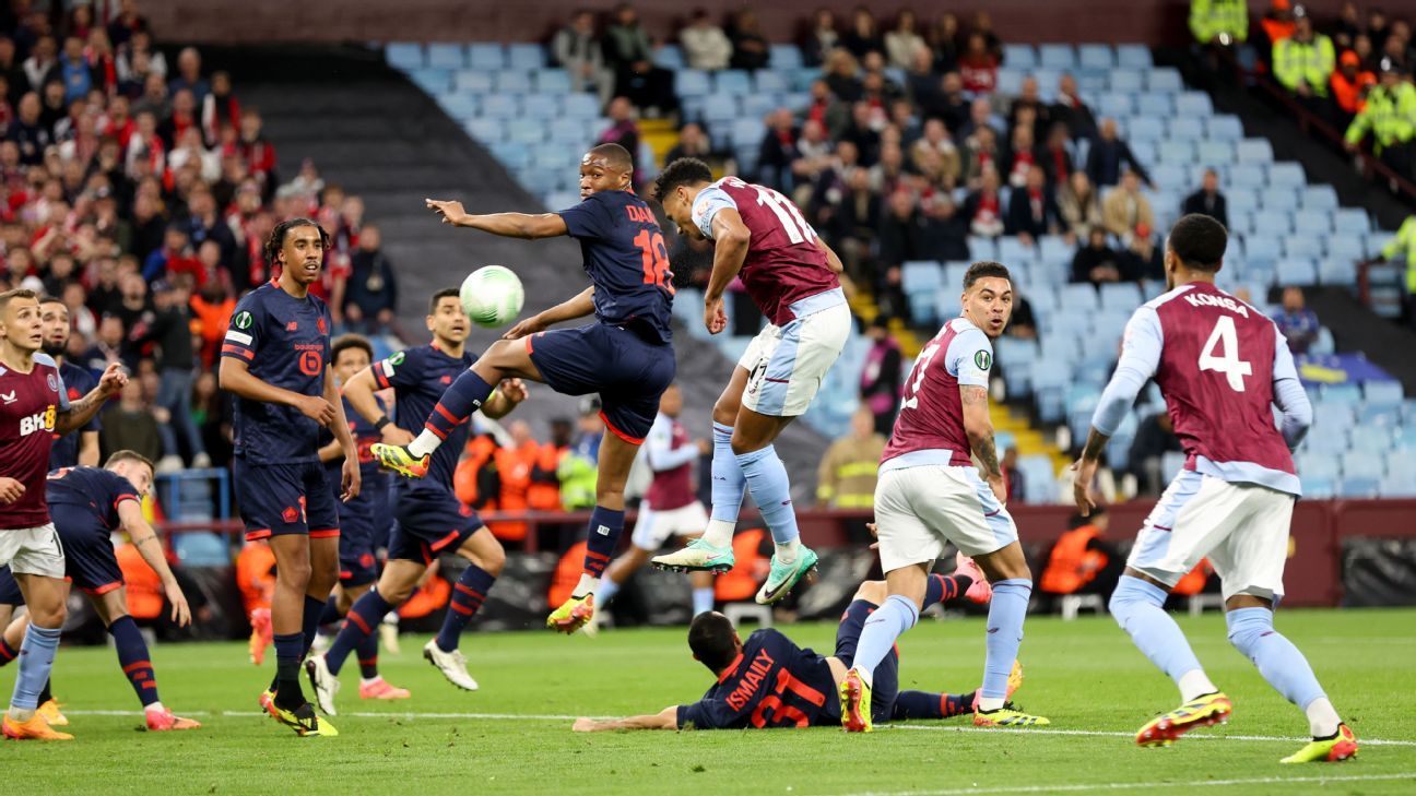 Ollie Watkins scores a goal for Aston Villa against Lille last season.
Neville Williams/Aston Villa FC via Getty Images