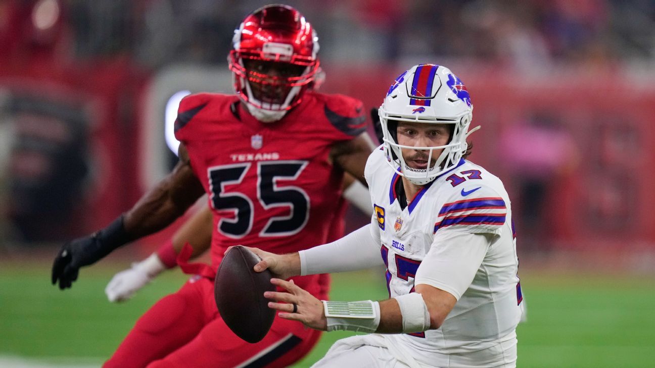 La defensa de los Texans presionó al QB de los Bills, Josh Allen, durante toda la noche, capturándolo ocho veces para 70 yardas.