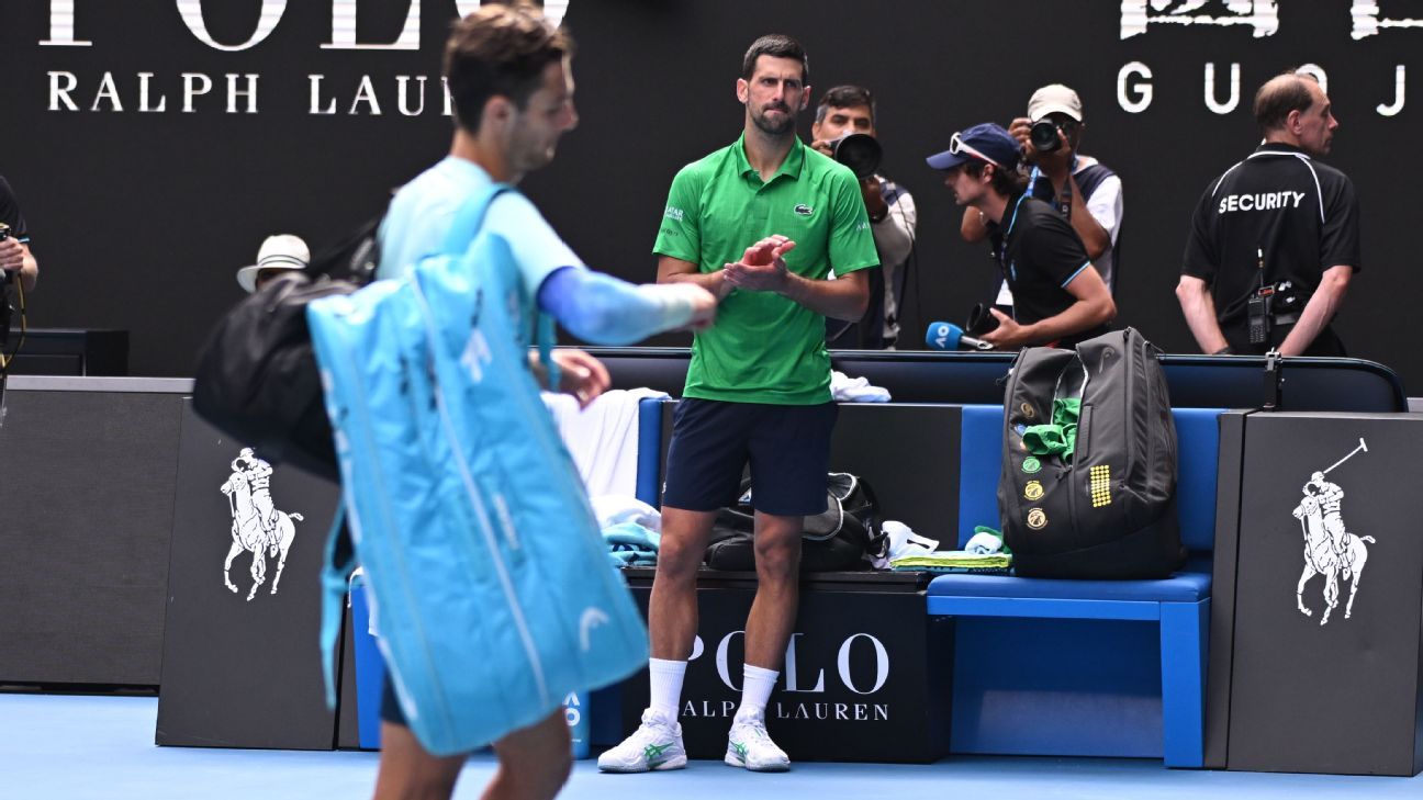 Djokovic, down 2 sets, advances when Musetti hurt