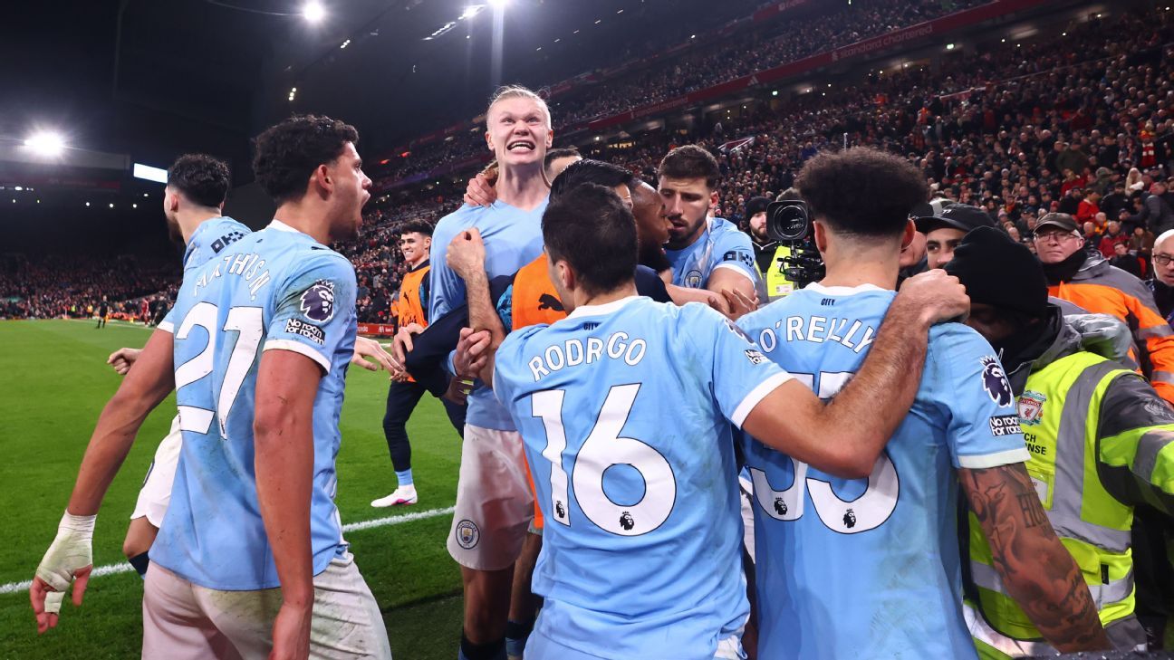 Liverpool 1-2 Manchester City: Erling Haaland keeps title race alive after chaotic ending - as it happened