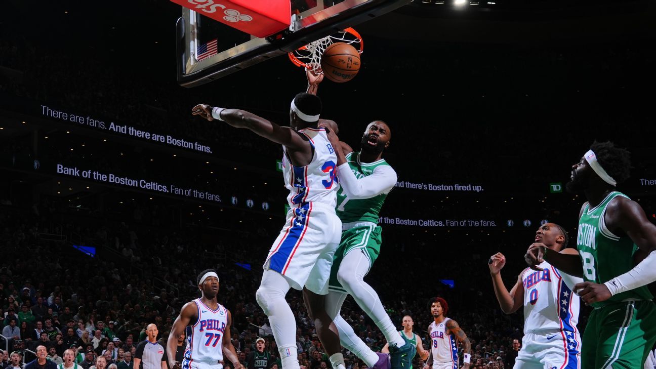Jaylen Brown emphatically dunks on Adem Bona in 76ers-Celtics