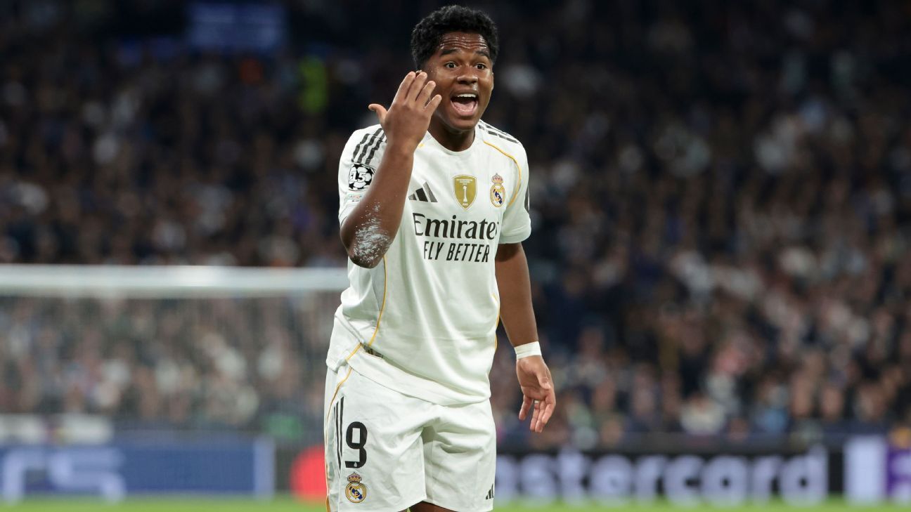 Endrick gestures while playing for Real Madrid in a 2026 match