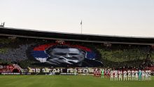 Red Star Belgrade supporters display tifo of war criminal Ratko Mladić before local derby