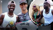 Com Virginia ao lado, Vini Jr. vai à Formula 1 e dá presente a Gabriel Bortoleto antes do GP da Espanha