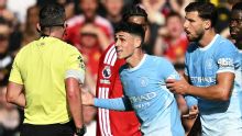 Man City's Phil Foden sent off in derby after kick on Man United's Bruno Fernandes