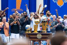 Knicks reverse course, hang banner for NBA Cup title