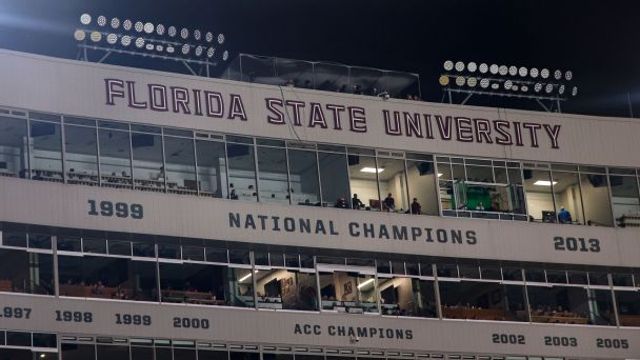 A general view of the press box with several lights out due to a power outage inside of Doak S. Campbell Stadium on Bobby Bowden Field during the entire game between the Florida State Seminoles and SMU Mustangs at Doak S. Campbell Stadium.