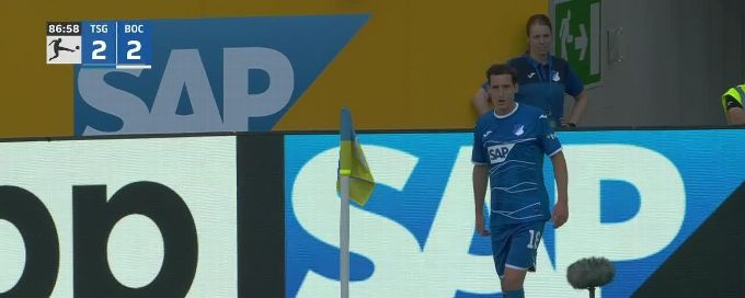 Moanes Dabour heads in a goal to boost Hoffenheim to a 3-2 lead