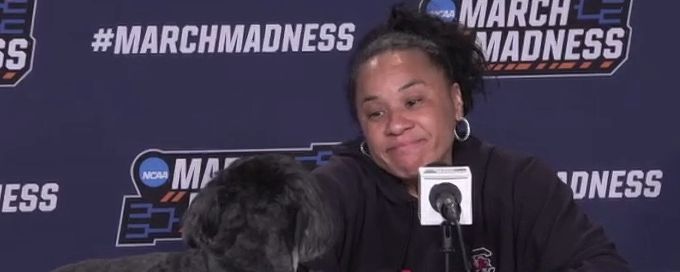 Staley advocates for her dog to get a nameplate at press conferences