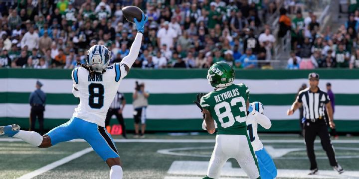 Jaycee Horn makes an incredible one-handed pick in the end zone