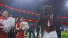 Hoosier the Bison celebrates blocked punt with Pat McAfee