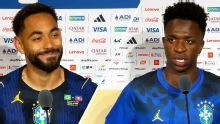 Brazilian players react to their 3-0 victory over Haiti