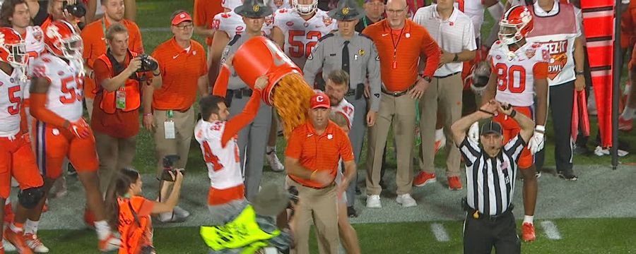 Dabo gets a Cheez-It bath after Clemson win vs. Iowa State