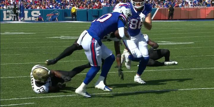 Khalil Shakir somehow keeps his feet en route to a 43-yard TD