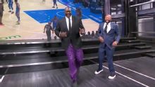 Shaq models his unique purple pants during Kenny's Cavs breakdown