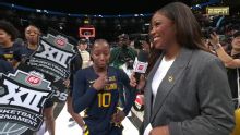 Jordan Harrison fights back tears after West Virginia wins Big 12 title