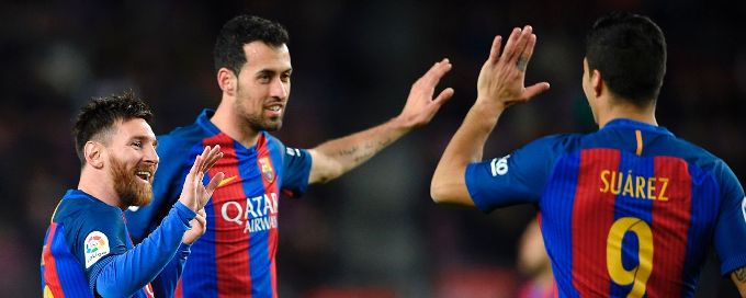 Neymar, Messi, Suarez score as Barcelona thrash Sporting Gijon